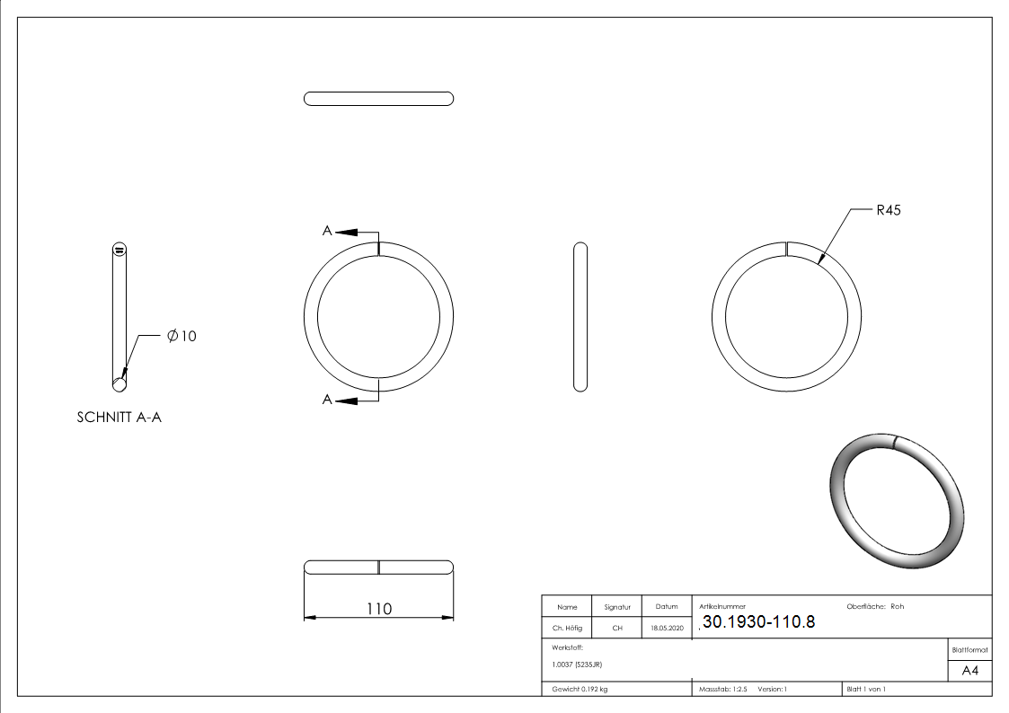 Ring | Material: 10 mm | Außen-Ø 110 mm | Stahl S235JR, roh