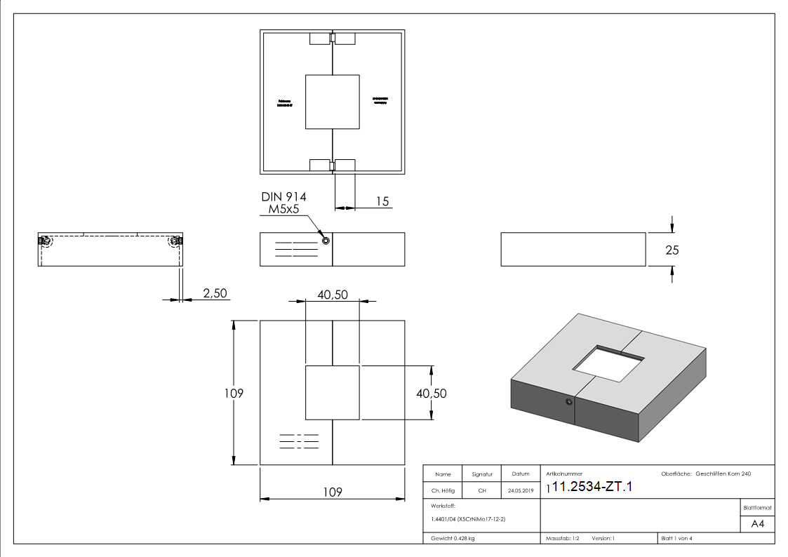 Abdeckrosette zweiteilig 109x109x25 mm fuer Vierkantrohr- 40x40 mm V4A-11-2534-ZT.1