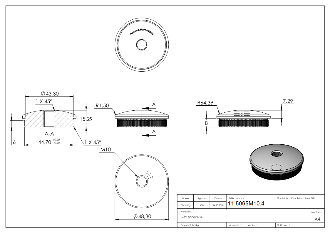 Rohrstopfen leicht gewölbt mit M10 für Ø 48,3x2,0 mm | V2A
