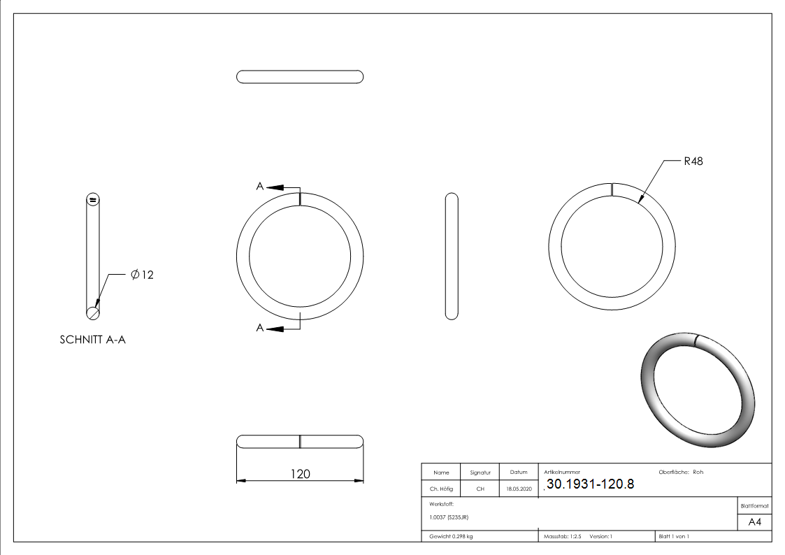 Ring - Material- 12 mm - Aussen-Ø 120 mm - Stahl S235JR- roh-30-1931-120.8