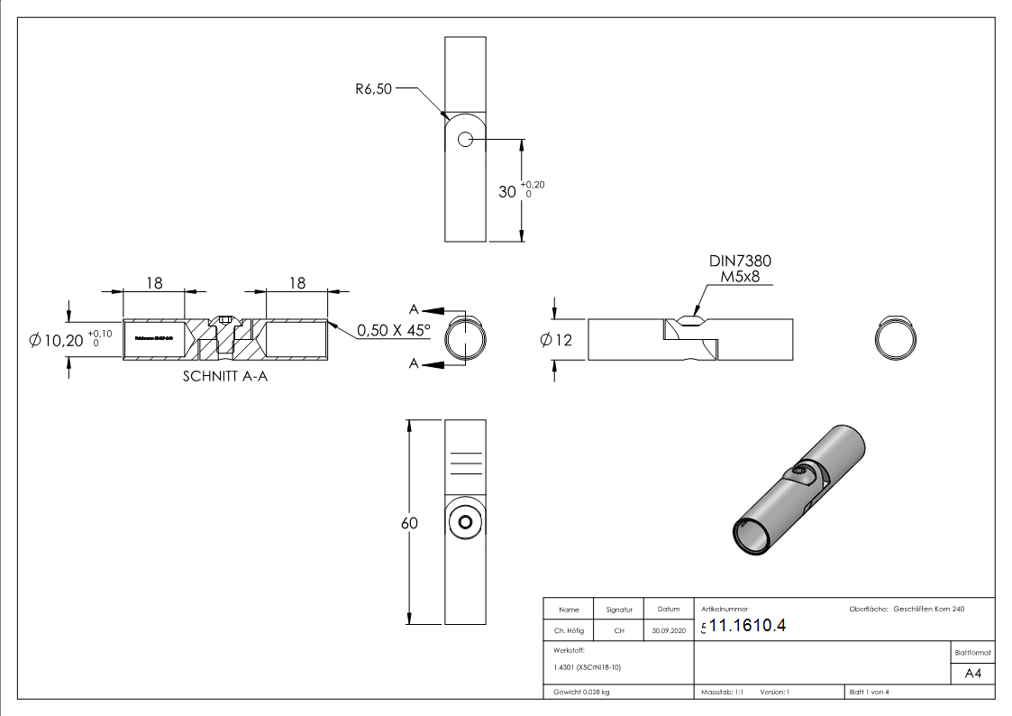 Verbinder  - Gelenk zum Kleben mit Bohrung 10-1 mm-11-1610.4