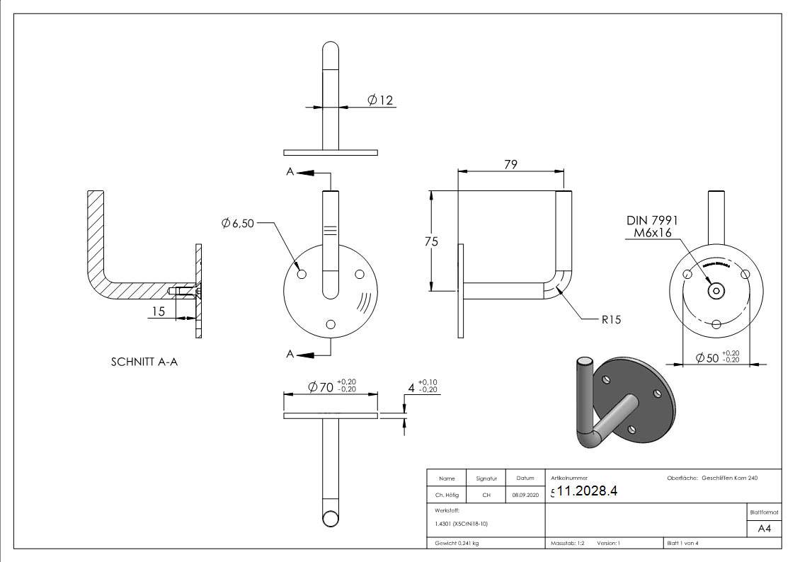 Handlaufhalter mit Ronde 70x4 mm zum Anschweissen V2A-11-2028.4