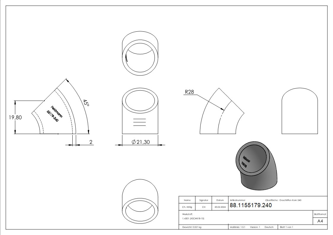 Schweissbogen 45°- 21-3x2-0mm- V2A- Bauart 3-88-1155179.240