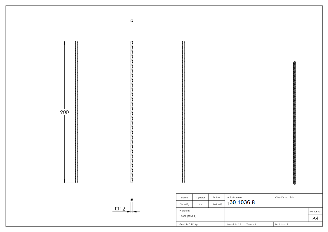 Zwischenstab | Länge: 900 mm | Material: 12x12 mm | gehämmert | Stahl S235JR, roh
