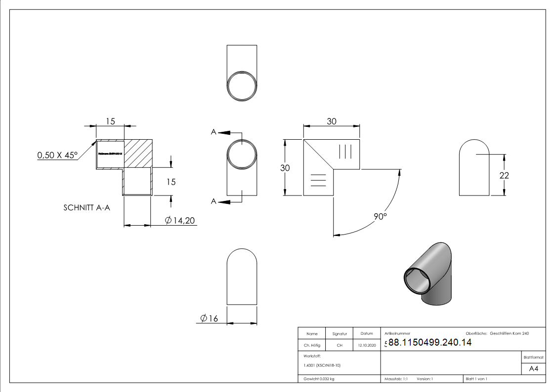 Rundstabverbinder für Ø 14mm, 90°