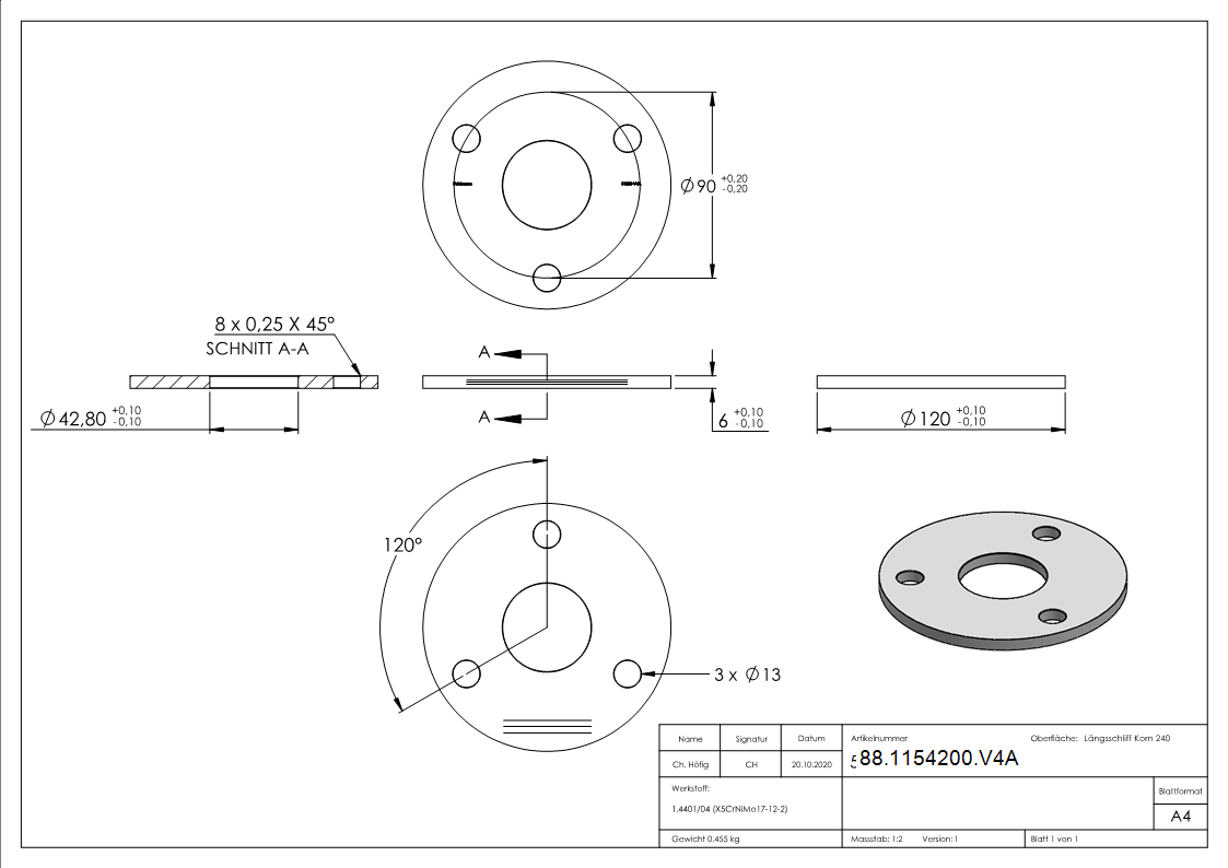 Ankerplatte Ø 120 x 6mm- mit Laengsschliff- V4A-88-1154200.V4A