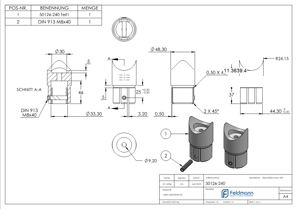 Anschlussstueck V2A 90° fuer Rohr 48-3 mm Anschluss oben 48-3 mm Klemmschraube-11-3639.4