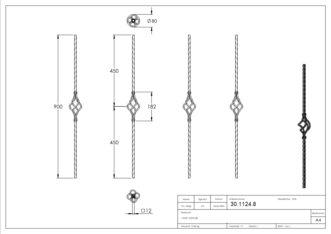 Zierstab | Länge: 900 mm | Material: 12x12 mm gehämmert | Stahl S235JR, roh