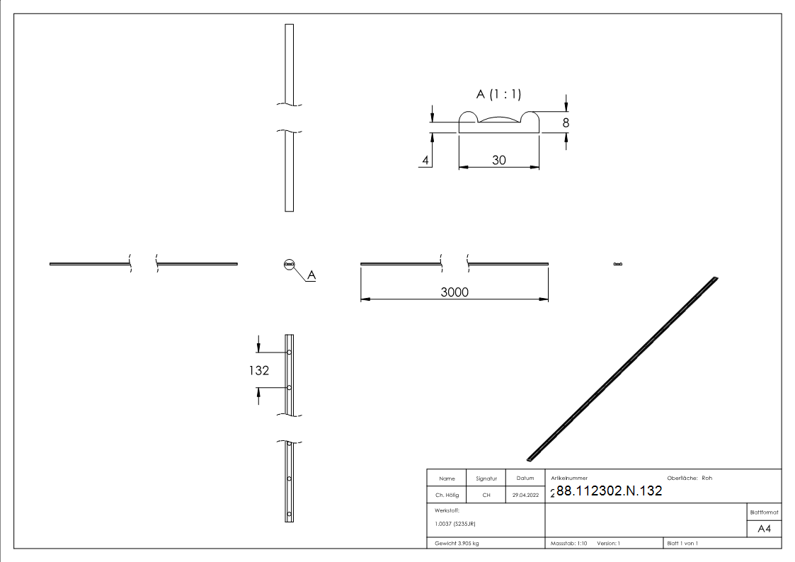 Hespeneisen Stahl S235JR 30 x 8 x 4 mm L 3000 mm mit Nietpraegung 15 mm Abstand 132 mm-88-112302-N.132