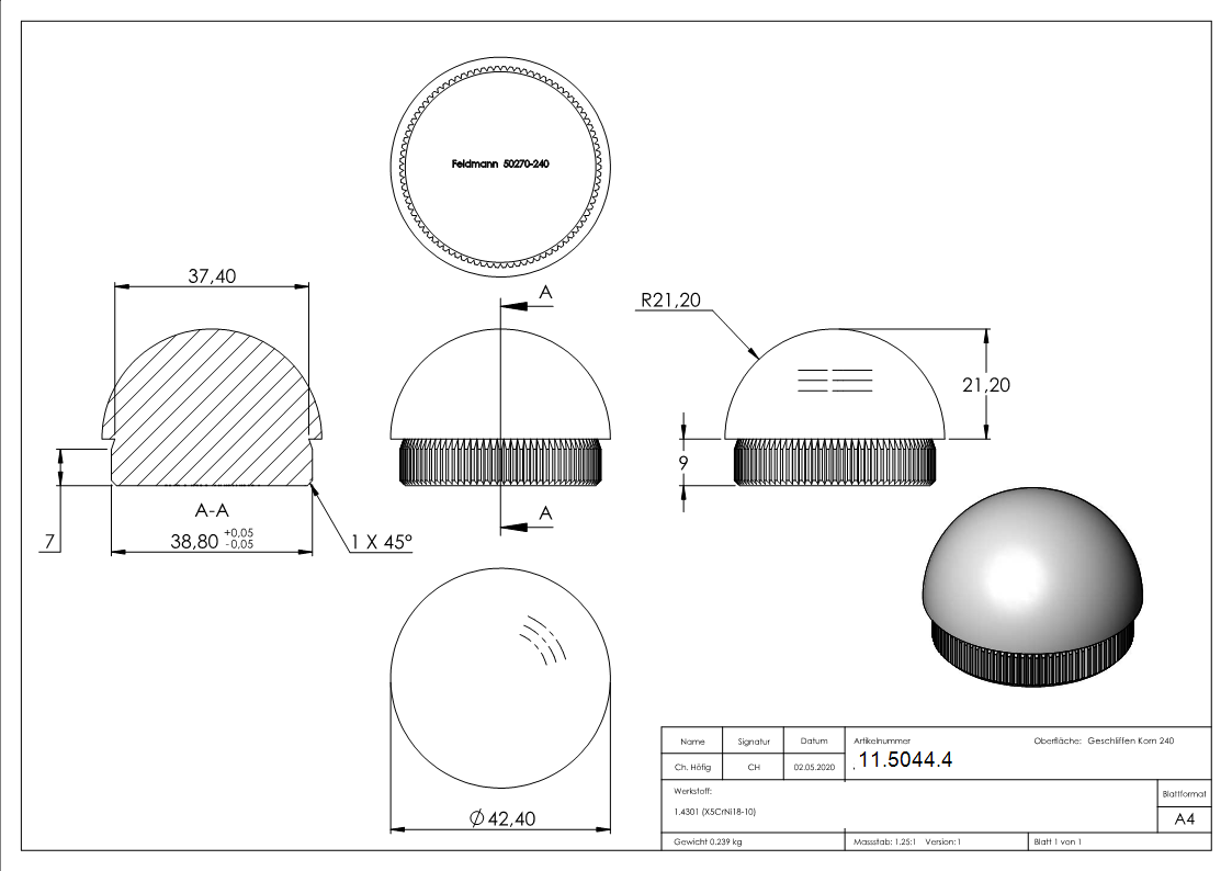 Rohrstopfen fuer Ø 42-4x2-0 mm halbrund zum Einschlagen V2A-11-5044.4