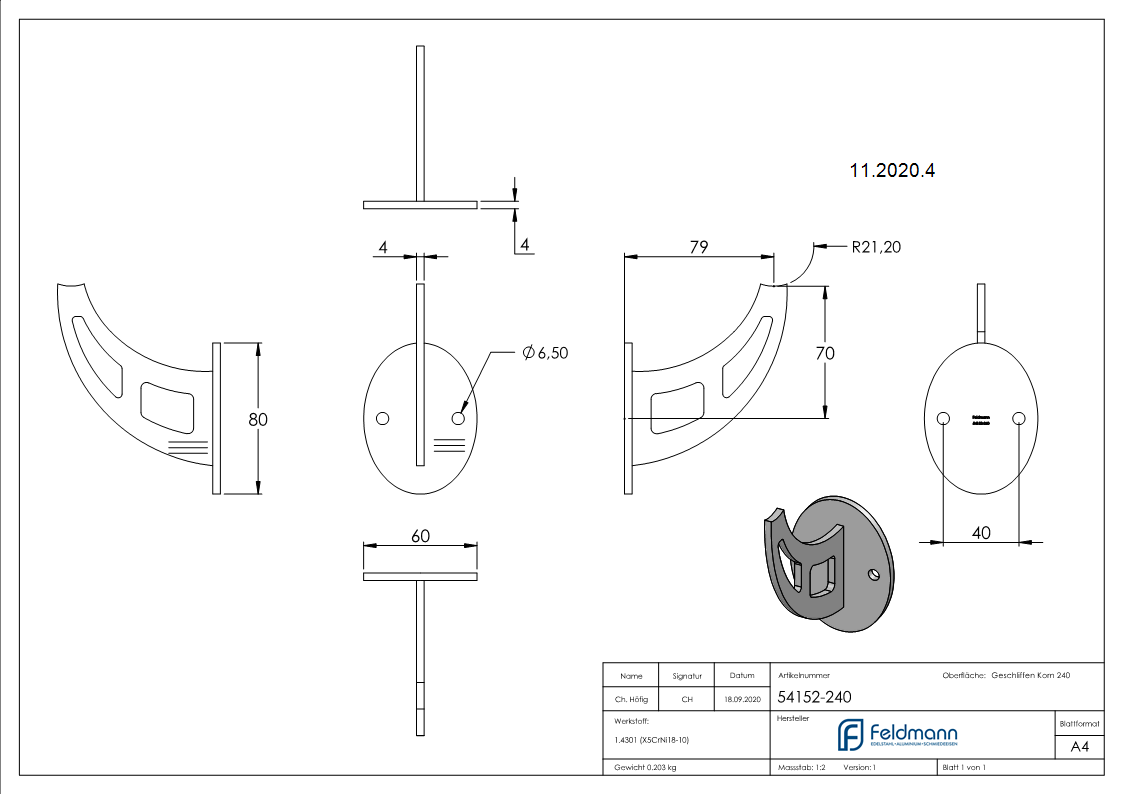 Handlaufschwert mit Ronde Ø 80 mm für Rohr Ø 42,4 mm V2A