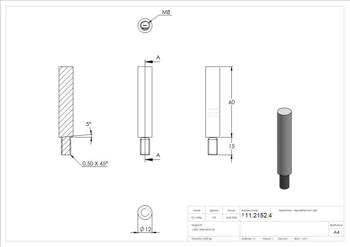 Stift | Maße: 60x12 mm | Gewinde: M8x15 mm | zum Anschweißen | V2A