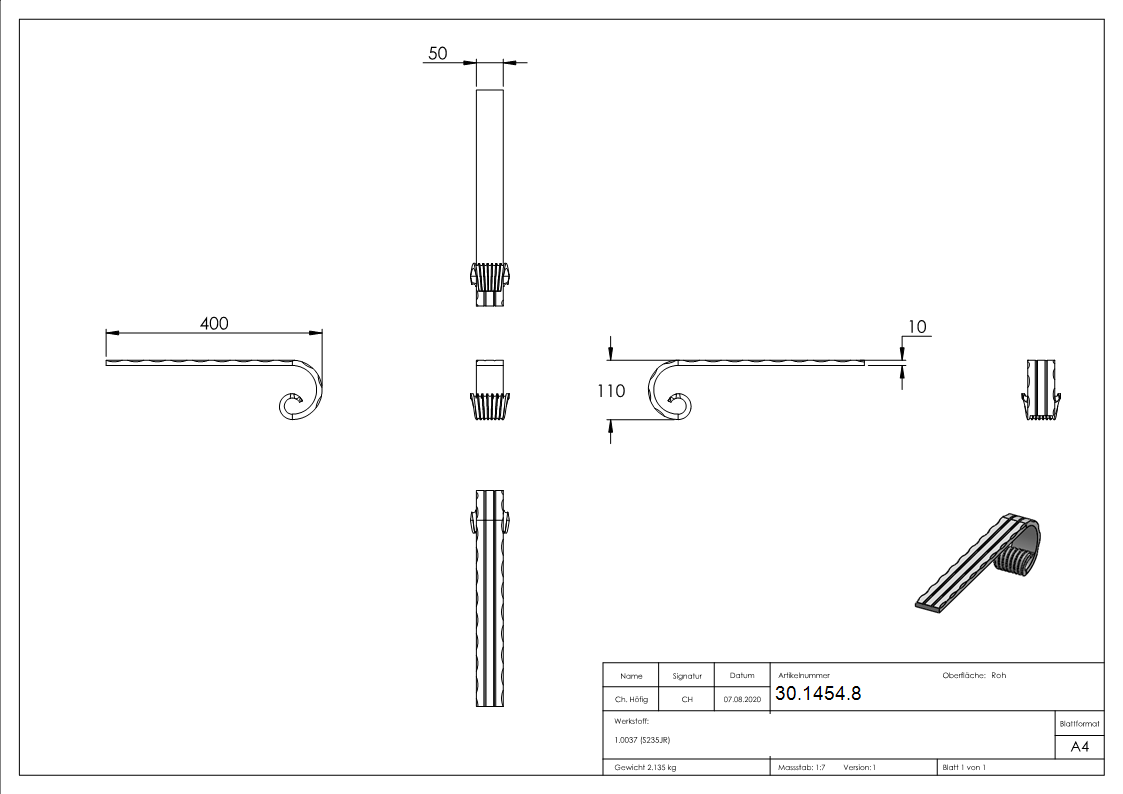 Handlauf-Endstueck - Material- 50x10 mm - gehaemmert - Stahl -Roh- S235JR-30-1454.8