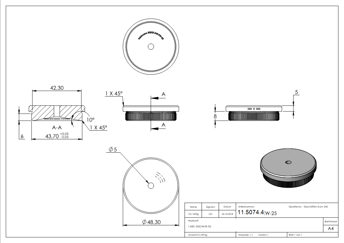 Einsteckkappe V2A Edelstahl fuer Rohr Ø 48-3 mm- Wandstaerke 2-5 mm- flach- Entwaesserungsbohrung-11-5074.4