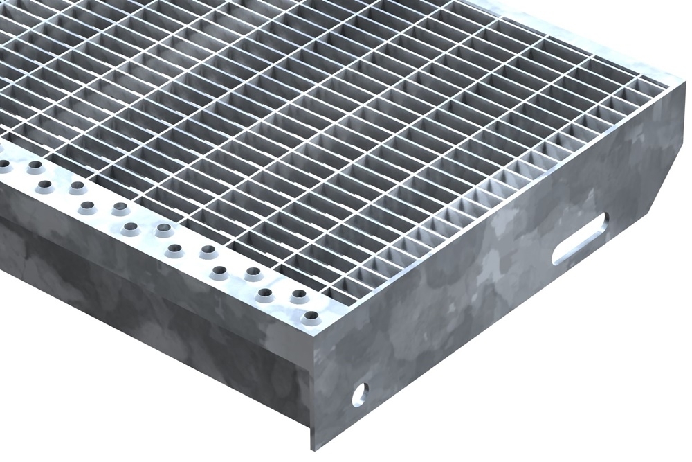 Gitterroststufe Treppenstufe Maße: 1400x305 mm 30/10 mm S235JR (St37-2), im Vollbad feuerverzinkt