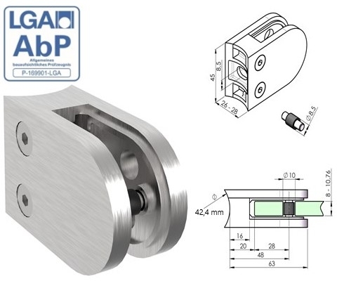 Glasklemme 63x45x28 mm V2A für Anschluss Ø 42,4 mm | Gummi 2,0 mm Blech