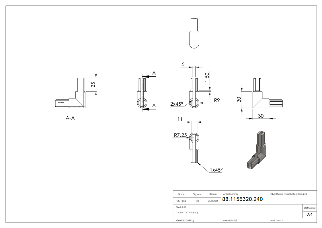 Eckverbinder Edelstahl V2A fuer rundes Klemmprofil 18x1-25 mm geschliffen Korn 240-88-1155320.240