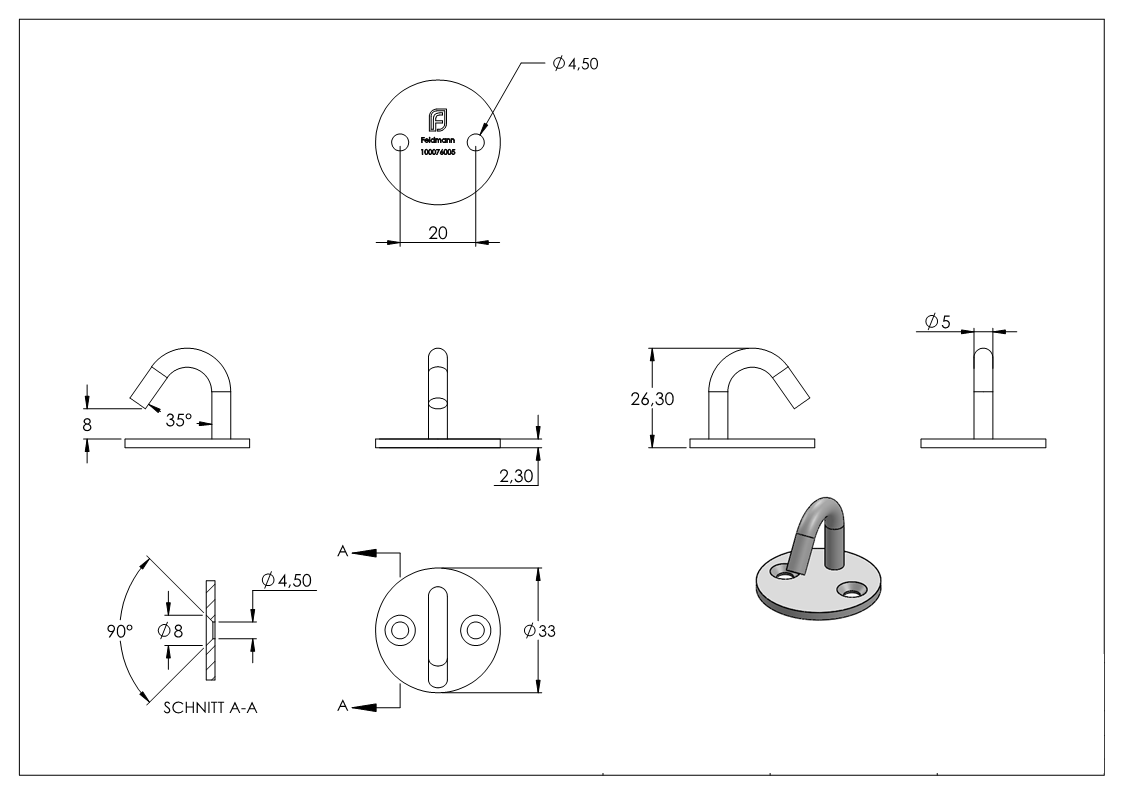 Befestigungsöse/Haken mit runder Platte V4A