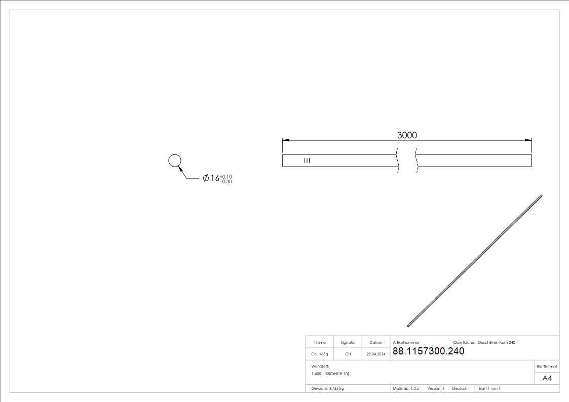 Rundmaterial, 16mm, Länge: 3000mm Edelstahl