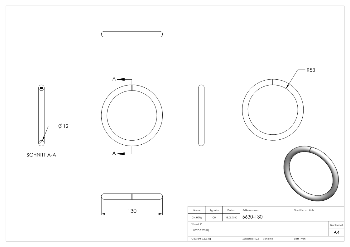 Ring | Material: 12 mm | Außen-Ø 130 mm | Stahl S235JR, roh