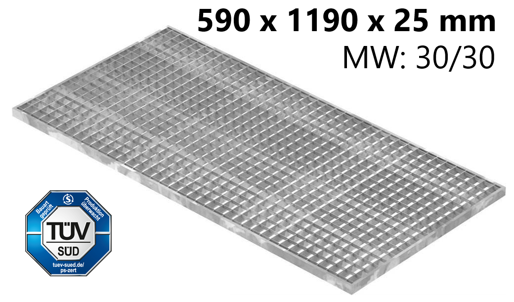 Lichtschachtrost Baunormrost | Maße:  590x1190x25 mm 30/30 mm | aus S235JR (St37-2), im Vollbad feuerverzinkt