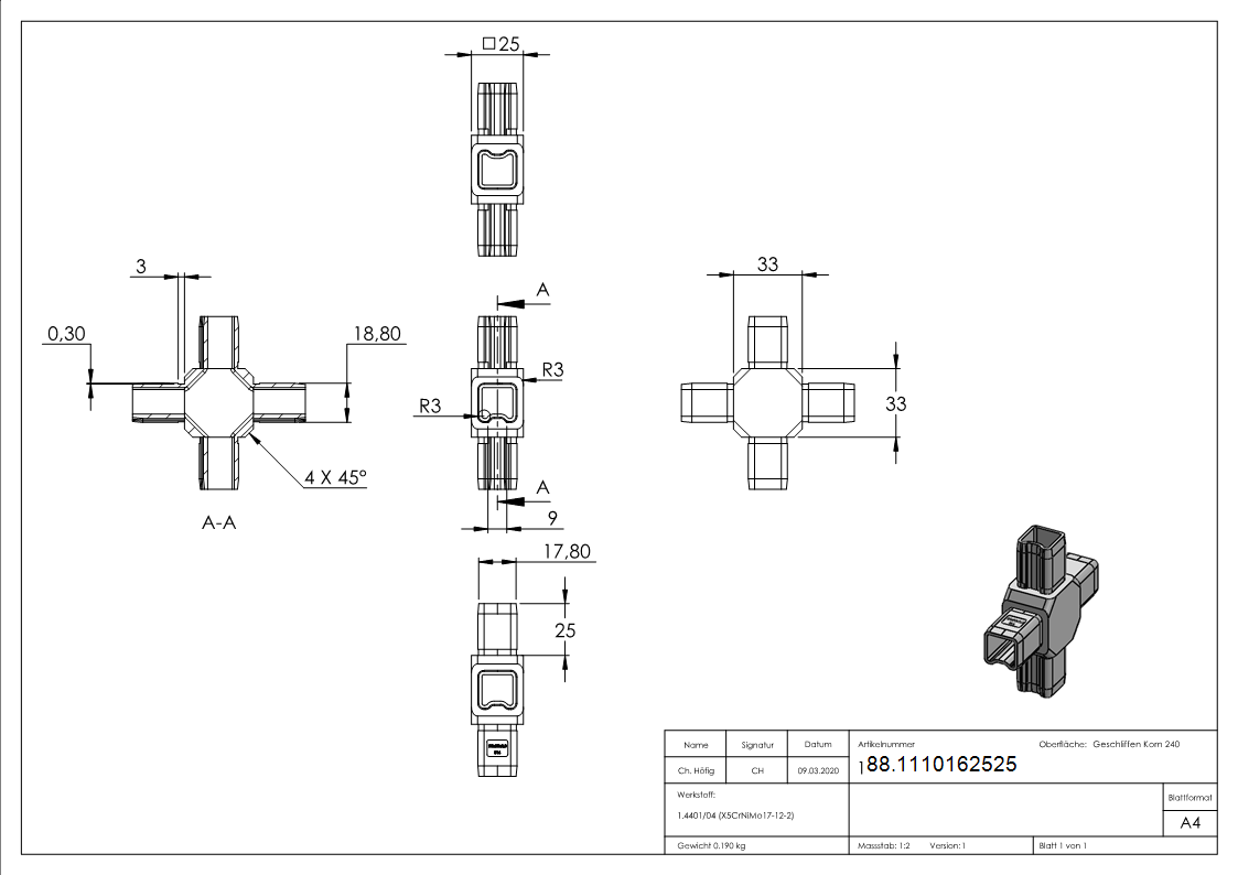 Verbindungsstück für Rohr 25x25x2mm, V4A