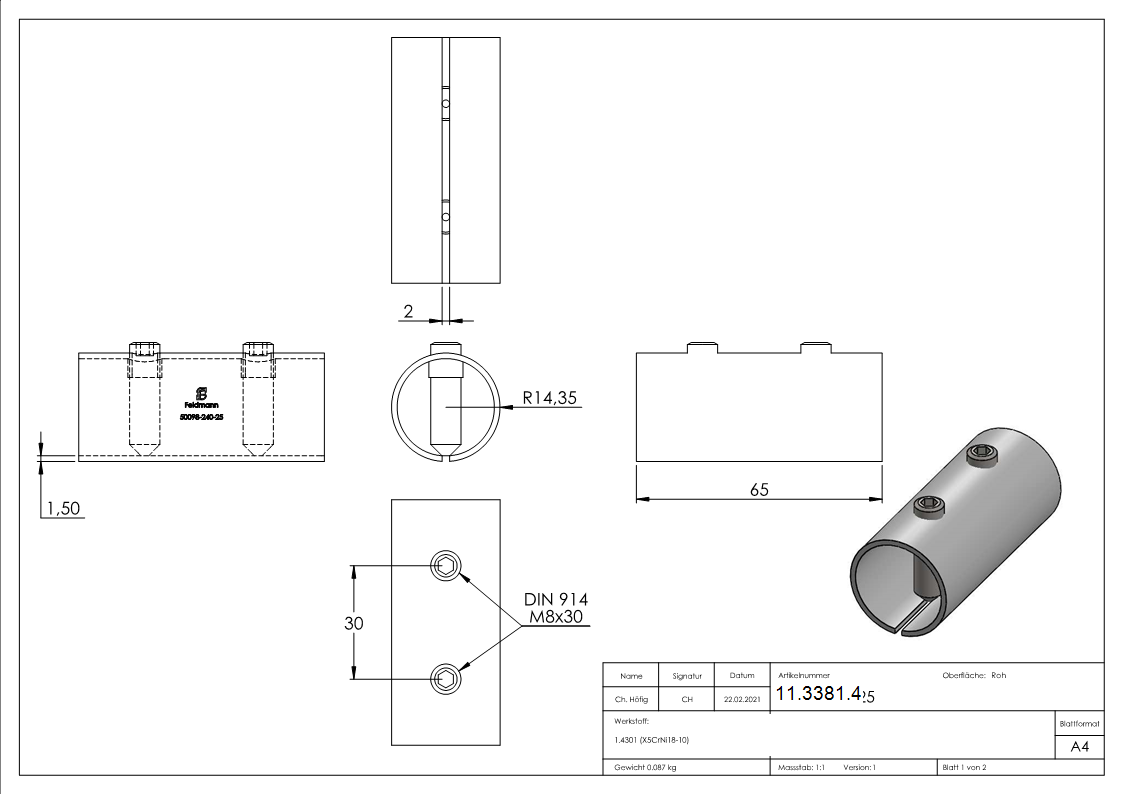 Verbindungshuelse V2A fuer Rohr Ø 33-7 x 2-5 mm L 65 mm mit Klemmschrauben-11-3381.4