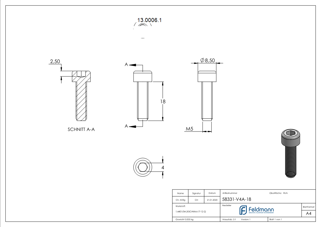Zylinderkopfschraube V4A M5x18 Innensechskant DIN 912-13-0006.1