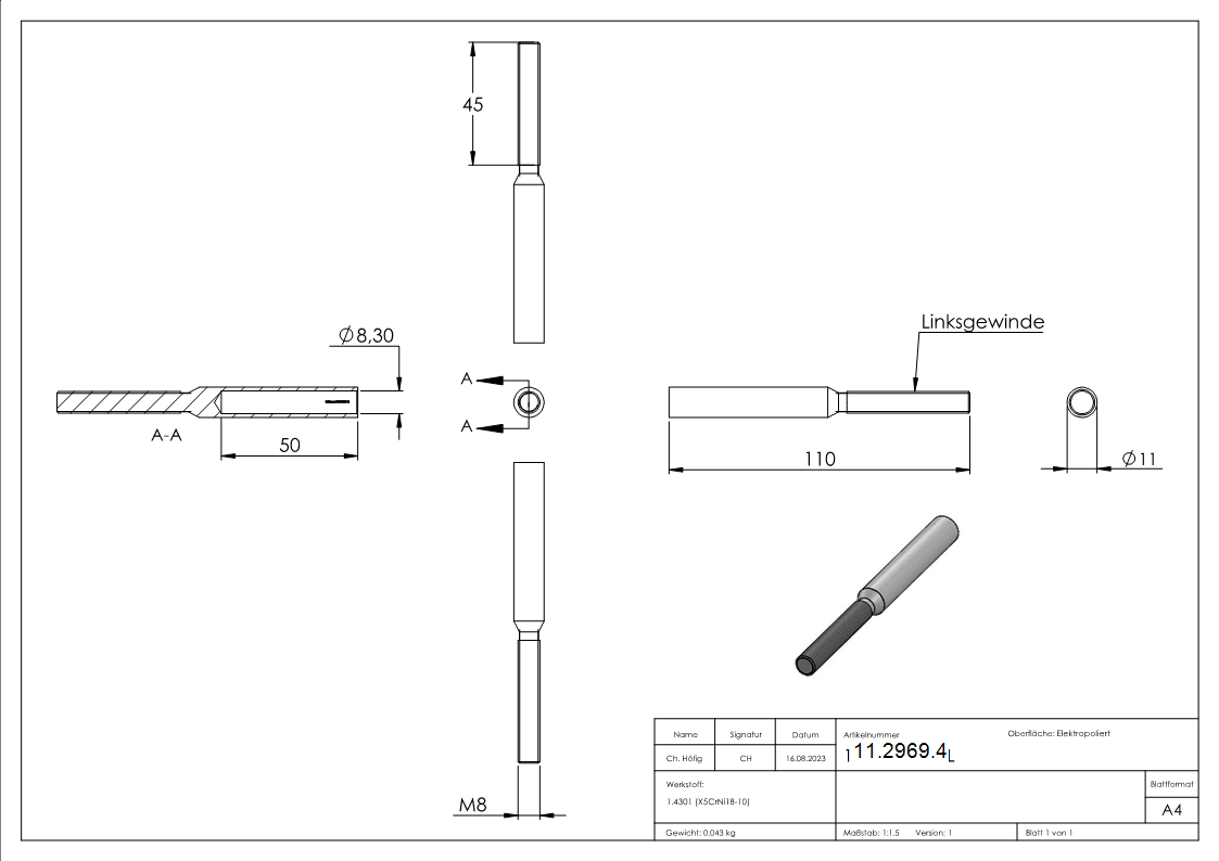 Gewindeterminal mit Außengewinde | Linksgewinde | Für Seil von Ø 8 mm |V2A