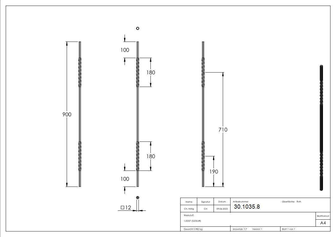 Zwischenstab | Länge: 900 mm | Material: 12x12 mm | gerillt | Stahl S235JR, roh