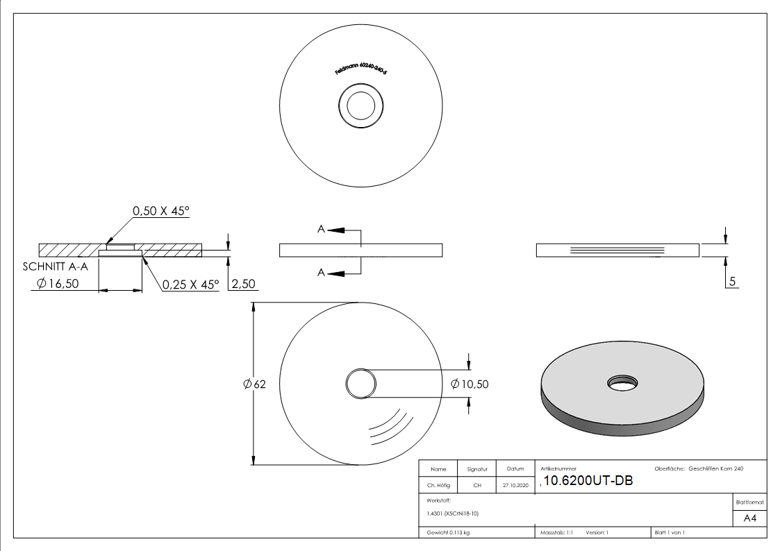 Glas-Punkthalter Ø 62 mm Unterteil | Höhe 5 mm | V2A
