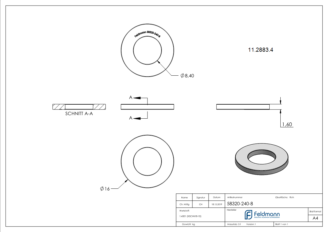 Beilagscheibe | für Gewinde M8 | DIN 125-1, A2 | V2A
