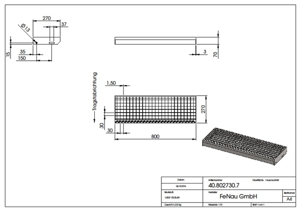 Gitterroststufe Treppenstufe Maße: 800x270 mm 30/30 mm R12 S235JR (St37-2), im Vollbad feuerverzinkt