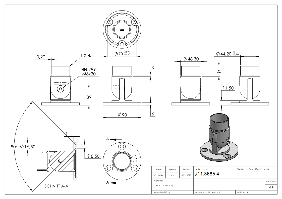 Wandhalter flexibel für Rundrohr Ø 48,3x2,0 mm | V2A
