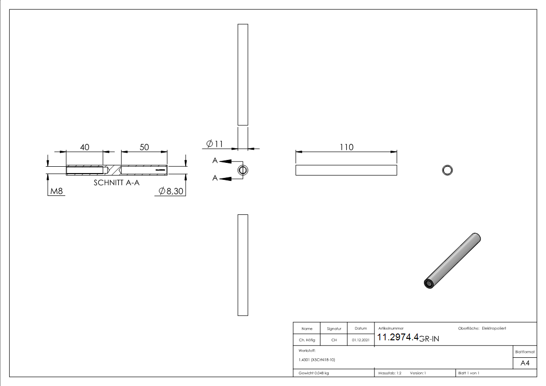 Gewindeterminal mit Innengewinde | Rechtsgewinde | Für Seil von Ø 8 mm |V2A