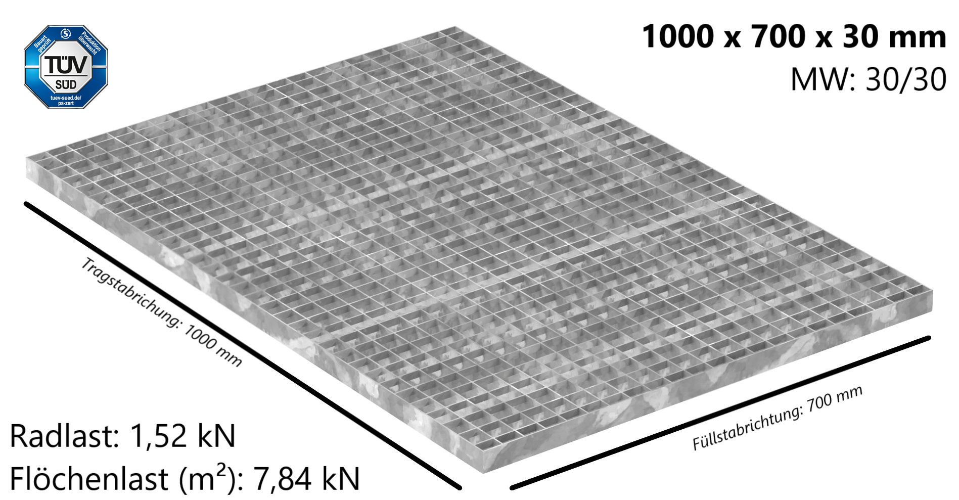 Industrie-Gitterrost | Maße: 1000x700x30 mm; MW 30/30 mm; 30/2 mm | S235JR (St37-2), im Vollbad feuerverzinkt