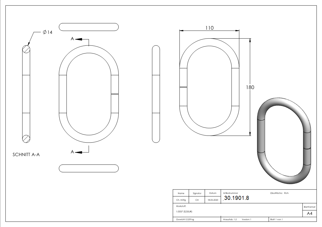 Ring | oval | Material: 14 mm | Außen-Ø: 180x110 mm | Stahl S235JR, roh