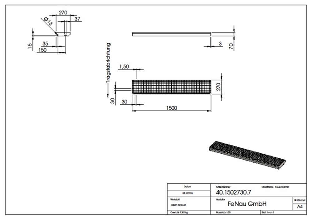Gitterroststufe Treppenstufe Masse- 1500x270 mm 30-30 mm S235JR -St37-2- im Vollbad feuerverzinkt-40-1502730.7