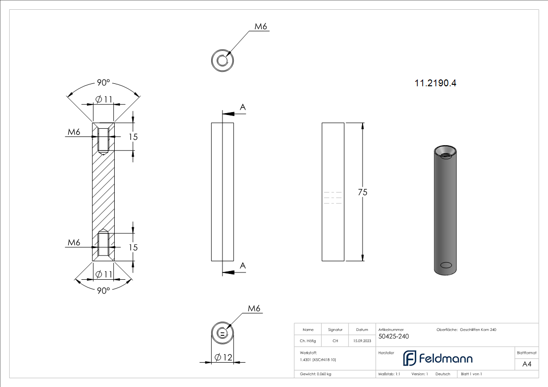 Stift | Maße: 75x12 mm | mit 2 Innengewinde: M6x15 mm | V2A
