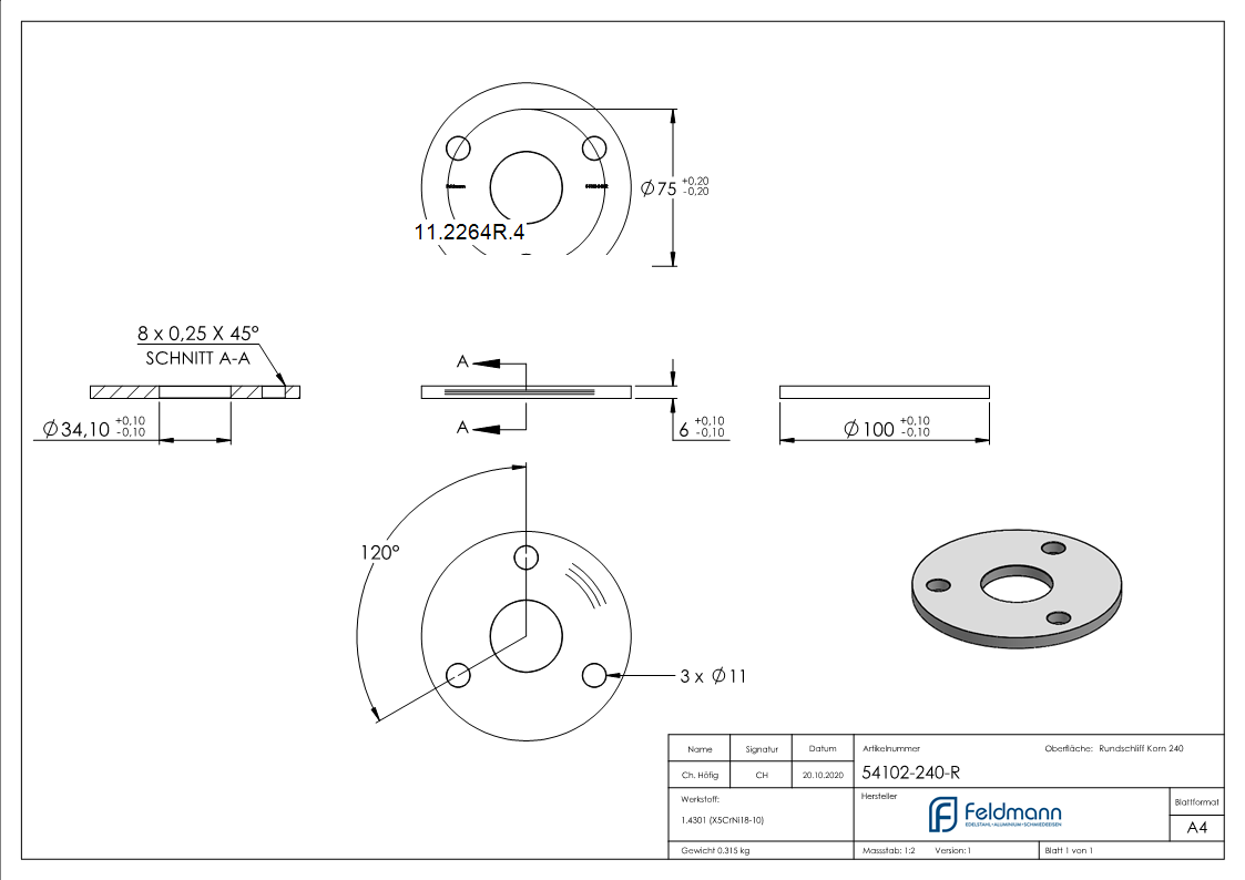 Ankerplatte Ø 100 x 6 mm mit Zentrierbohrung: Ø 34 mm V2A