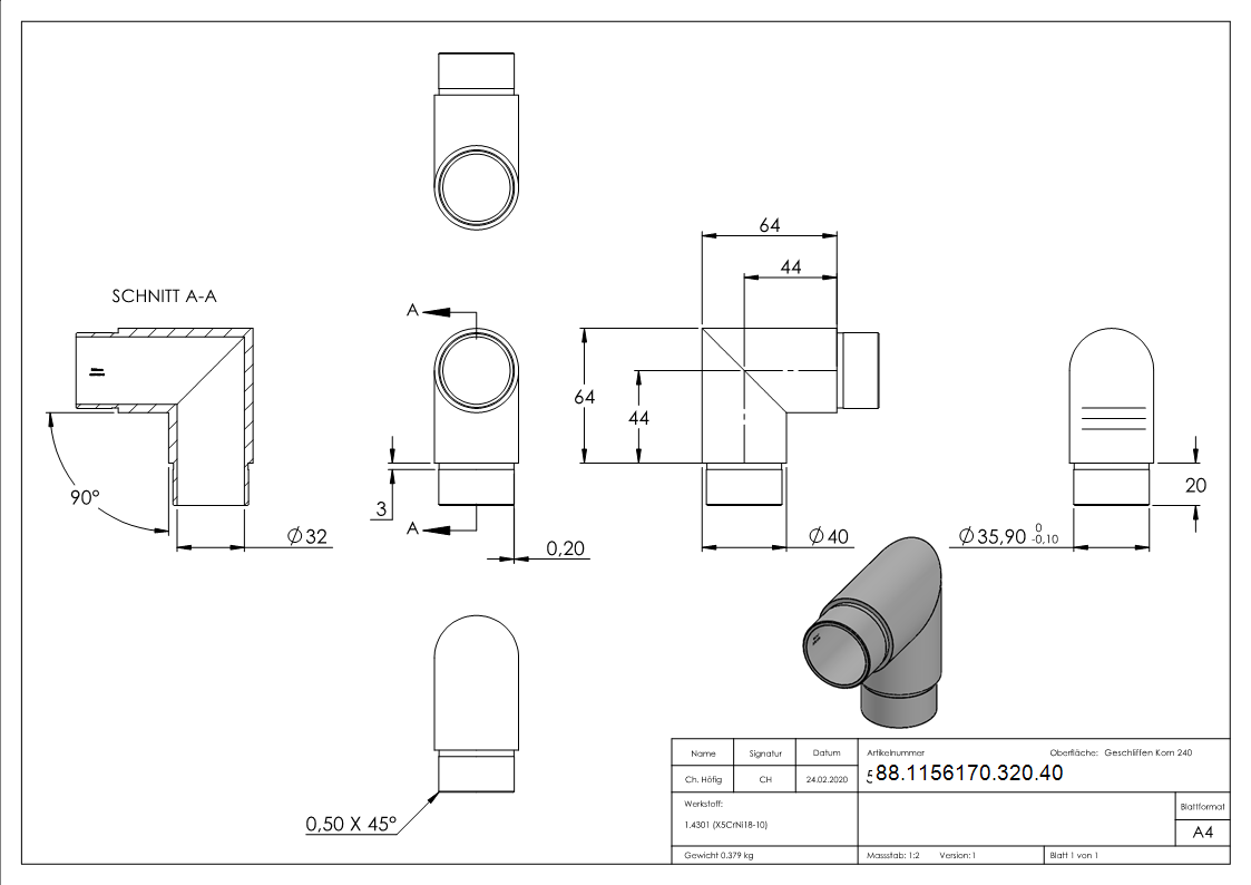 Eckstück 90°, für Rohr 40,0 x 2,0mm