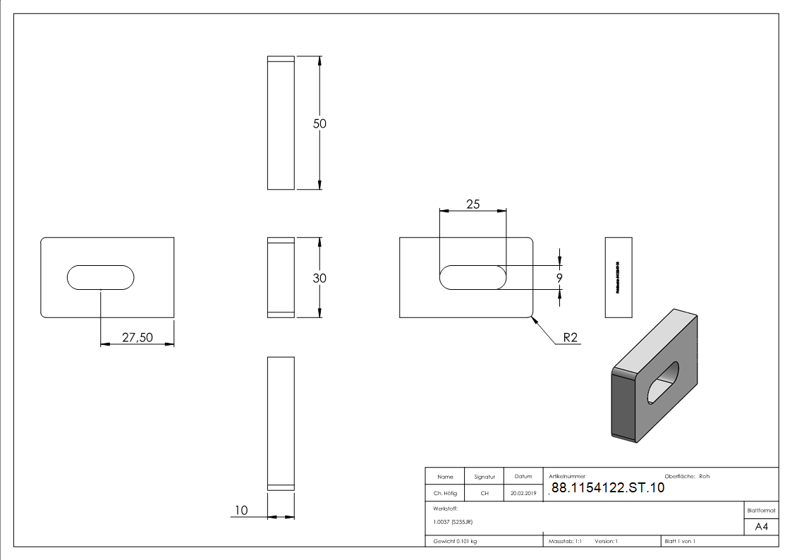 Anschweisslasche eckig Stahl S235JR roh 50x30x10 mm Langloch 25x9 mm-88-1154122-ST.10