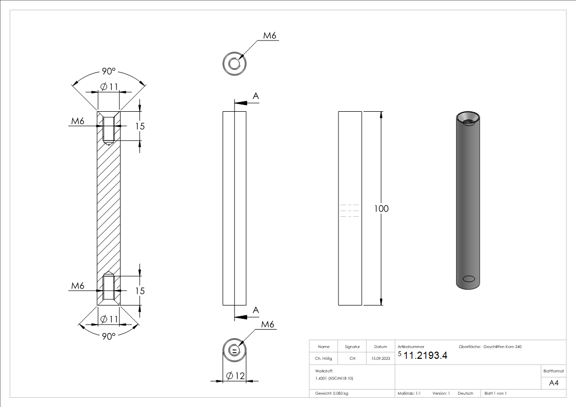 Stift Maße: 100x12 mm mit 2 Innengewinde: M6x15 mm V2A