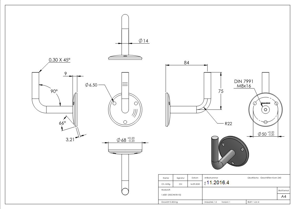 Handlaufhalter V2A Ronde 70x5 mm- Buegel Ø14 mm- Wandabstand 84 mm zum Anschweissen-11-2016.4
