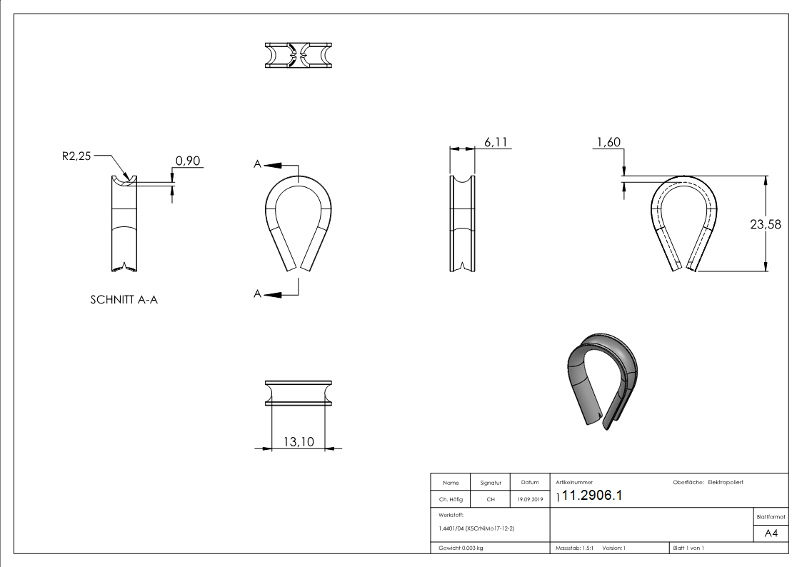 Kausche - fuer Seil Ø- 4 mm - V4A-11-2906.1