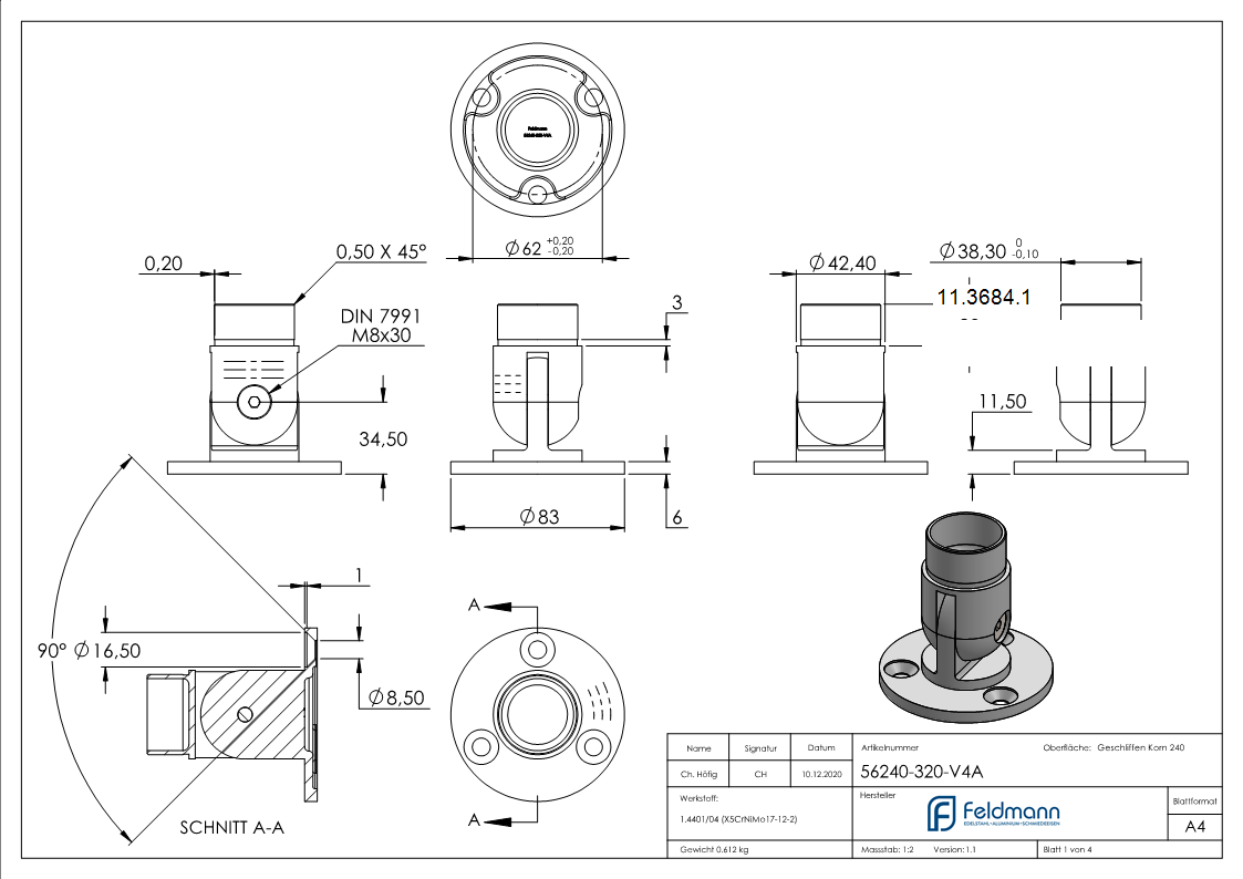 Wandhalter V4A fuer Rohr Ø 42-4 mm flexibel- zum Stecken-11-3684.1