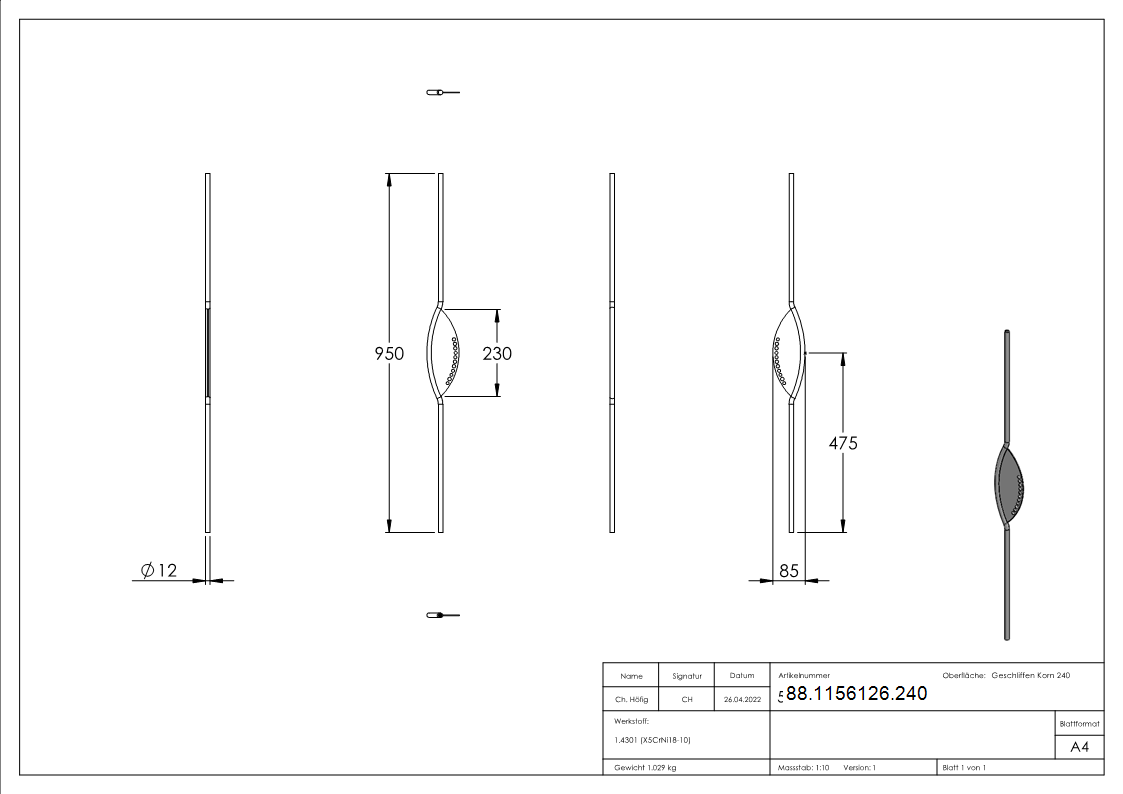 Designstab Edelstahl V2A Ø 12 mm L = 950 mm geschliffen Korn 240-88-1156126.240