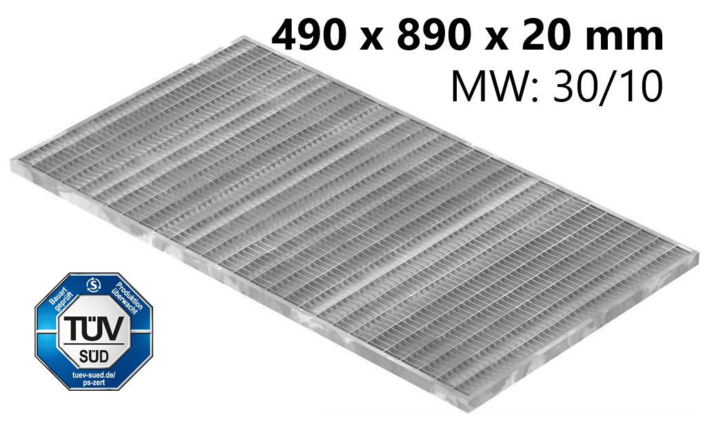 Lichtschachtrost Baunormrost | Maße:  490x890x20 mm 30/10 mm | aus S235JR (St37-2), im Vollbad feuerverzinkt