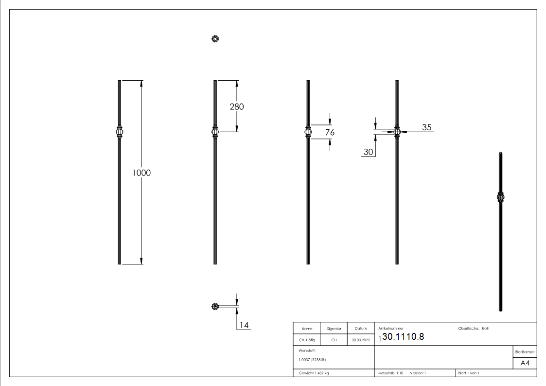 Zwischenstab - Laenge- 900 mm - Material- 14 mm - rund- gehaemmert - Stahl S235JR- roh-30-1110.8
