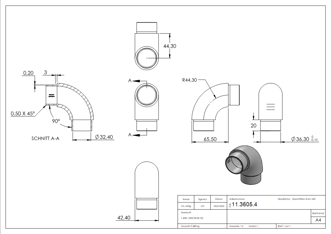 Rohrbogen 90° rund V2A für Rundrohr Ø 42,4x3,0 mm